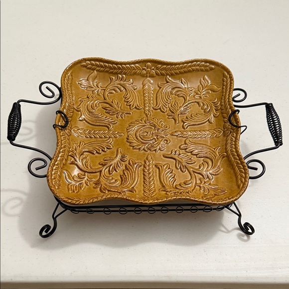 Other - Ornate Square Ceramic Dish with Metal Stand